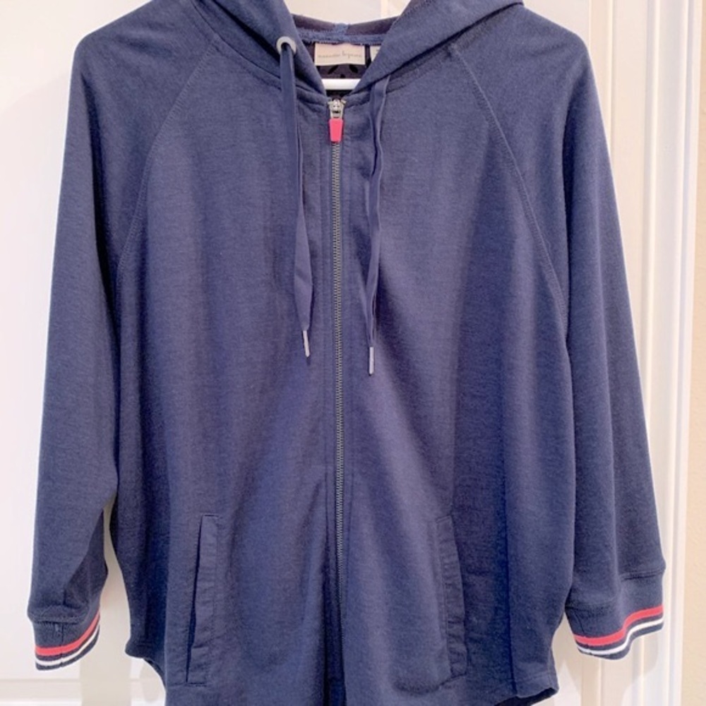 Nanette Lepore Hooded Batwing Sweatshirt Navy Laser Cutout Detail Size Medium